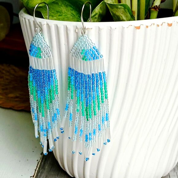 Boho Beaded Fringe Dangle Earrings, Seed Bead Jewelry, Blue & Green, 3.5" - Picture 5 of 8